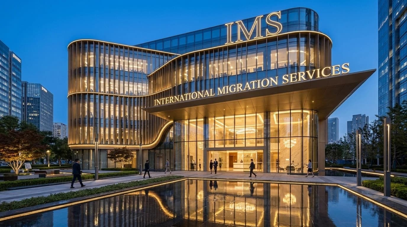 Global Immigration & Mobility Solutions - Night Mode with Glowing Architectural Lighting